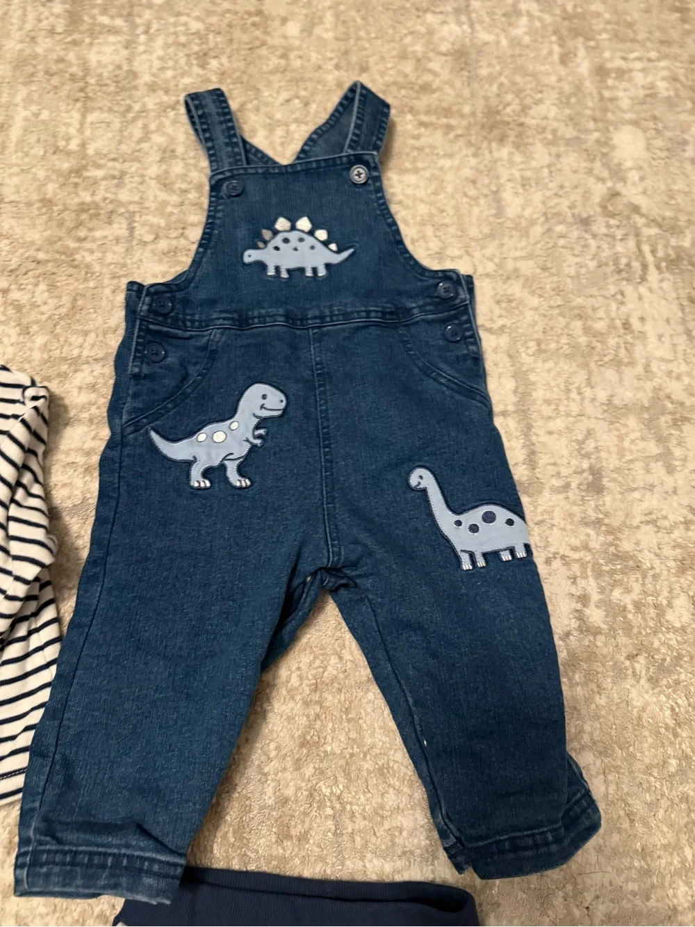 Little Me 4 piece Matching Set Navy Denim Overalls with Light Blue Dinosaur 12M